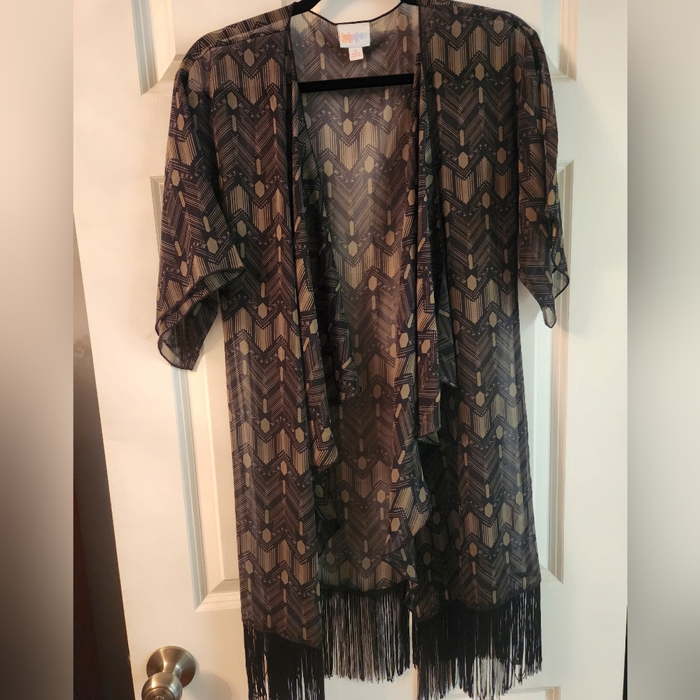 LuLaRoe Sheer Green & Black Monroe Kimono with Fringe, Small Cover